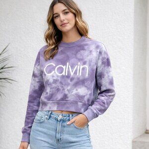 Calvin Klein Performance Cropped Crewneck Sweatshirt Tie Dye Purple Size S